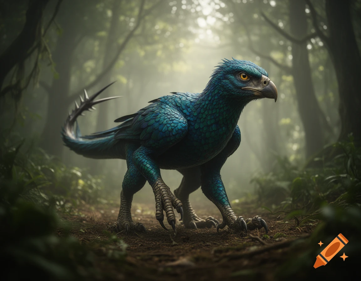 A photorealistic blue feathered creature resembling a raptor dinosaur with a spiked tail stands on a misty forest path.