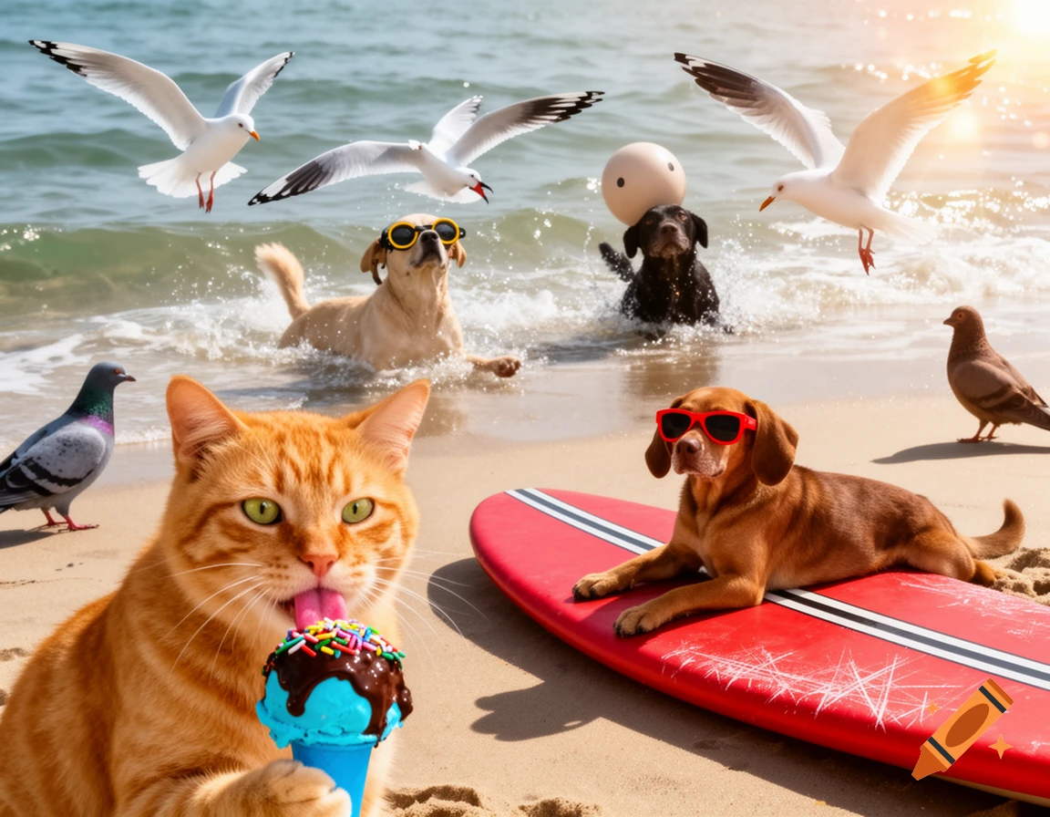 A ginger cat licks ice cream on a sunny beach, next to a dog on a surfboard. Other dogs and birds are in the background and water.