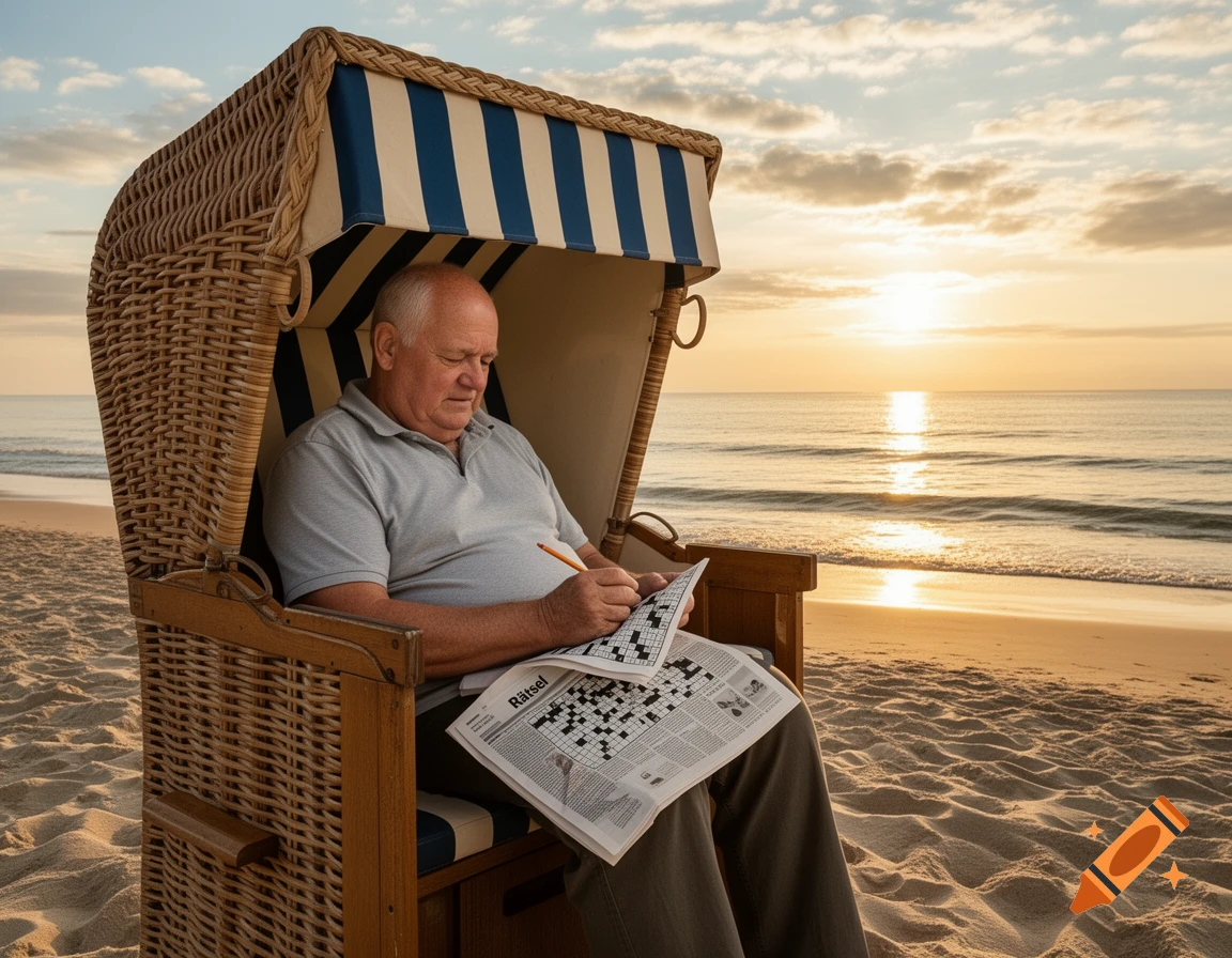 Elderly man solving a crossword puzzle in a beach chair on a sandy beach at sunset, photorealistic.