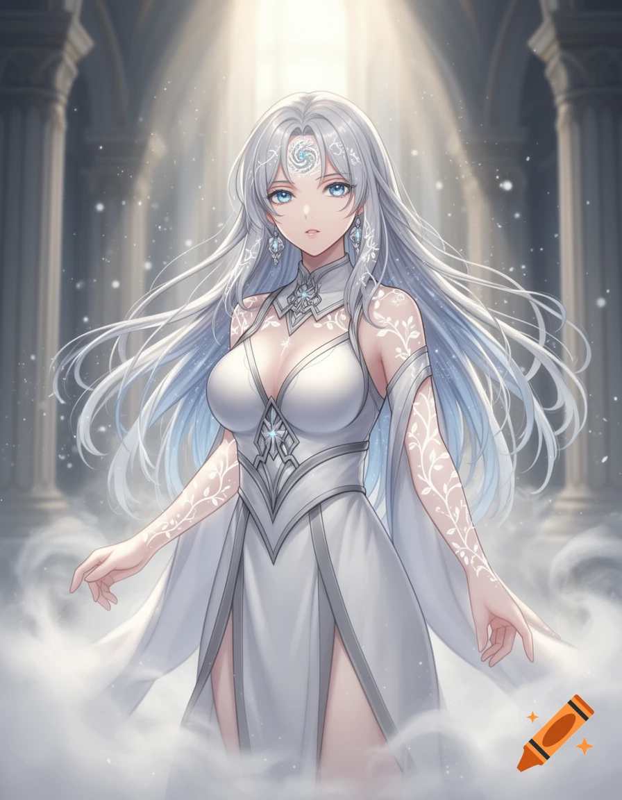 An ethereal anime priestess with long silver hair and blue eyes, wearing white robes, stands in a light-filled temple.