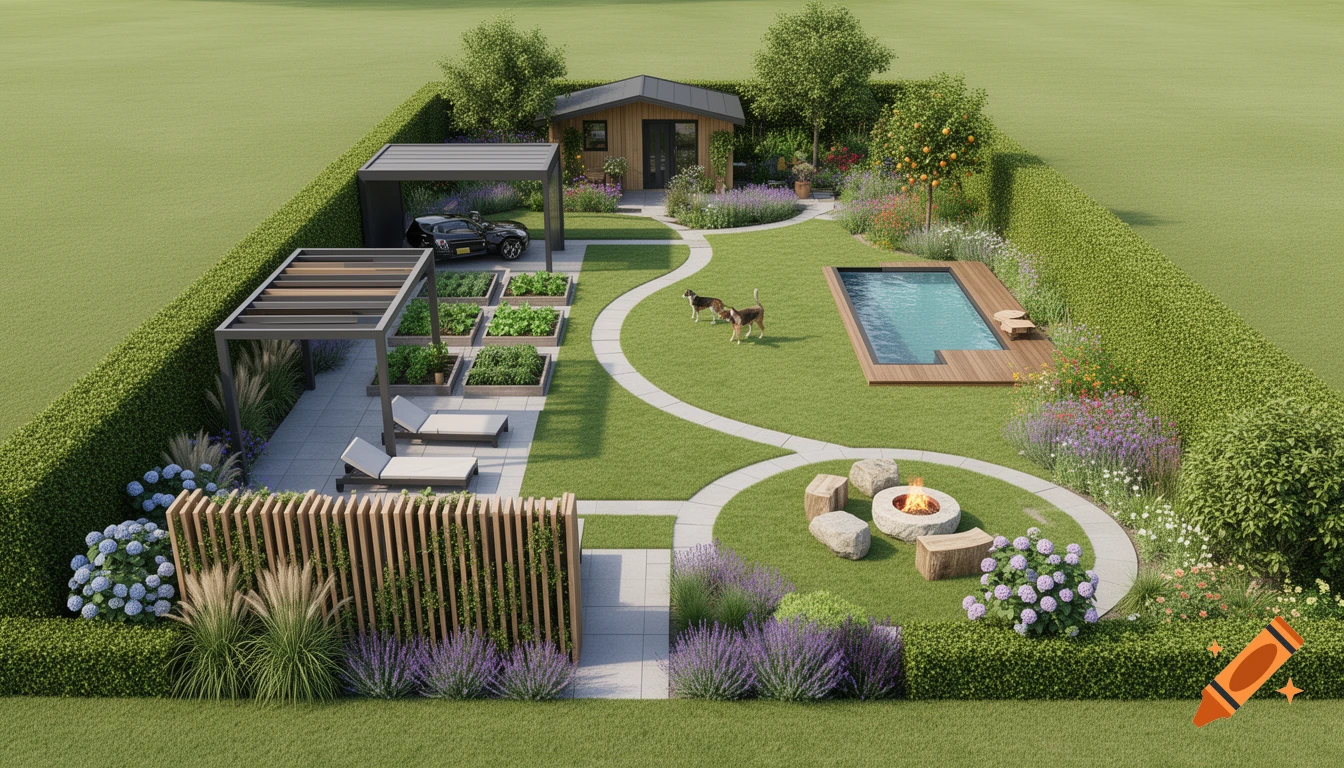 Aerial view of a modern garden featuring a swimming pool, fire pit, garden house, pergola, car port, and raised vegetable beds, surrounded by lawns and hedges.