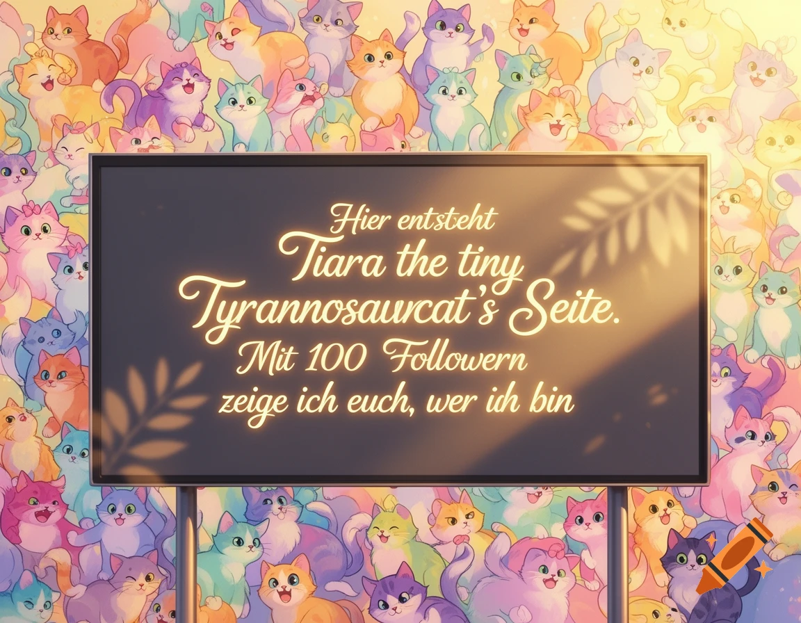 A whimsical illustration of a dark sign with glowing German text, surrounded by numerous pastel-colored, cheerful cartoon cats.