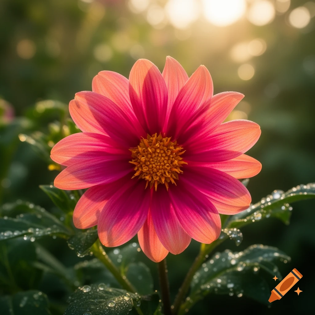 A vibrant pink dahlia flower with a yellow center, covered in dewdrops, backlit by golden sunlight in a soft-focus garden.