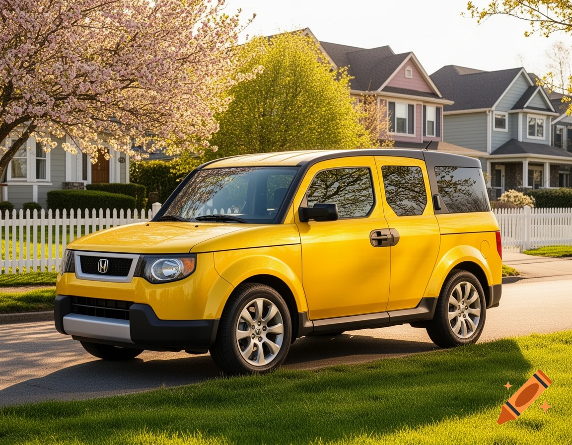 A bright yellow Honda Element SUV parked on a suburban street in front of houses, under blooming trees.