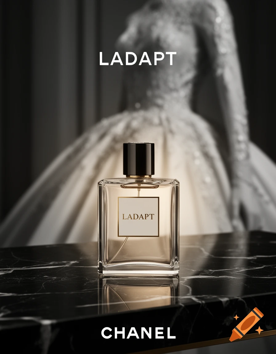 A glass perfume bottle with a black cap, labeled LADAPT, sits on a black marble table in front of a blurred white dress. The brand name CHANEL is at the bottom.