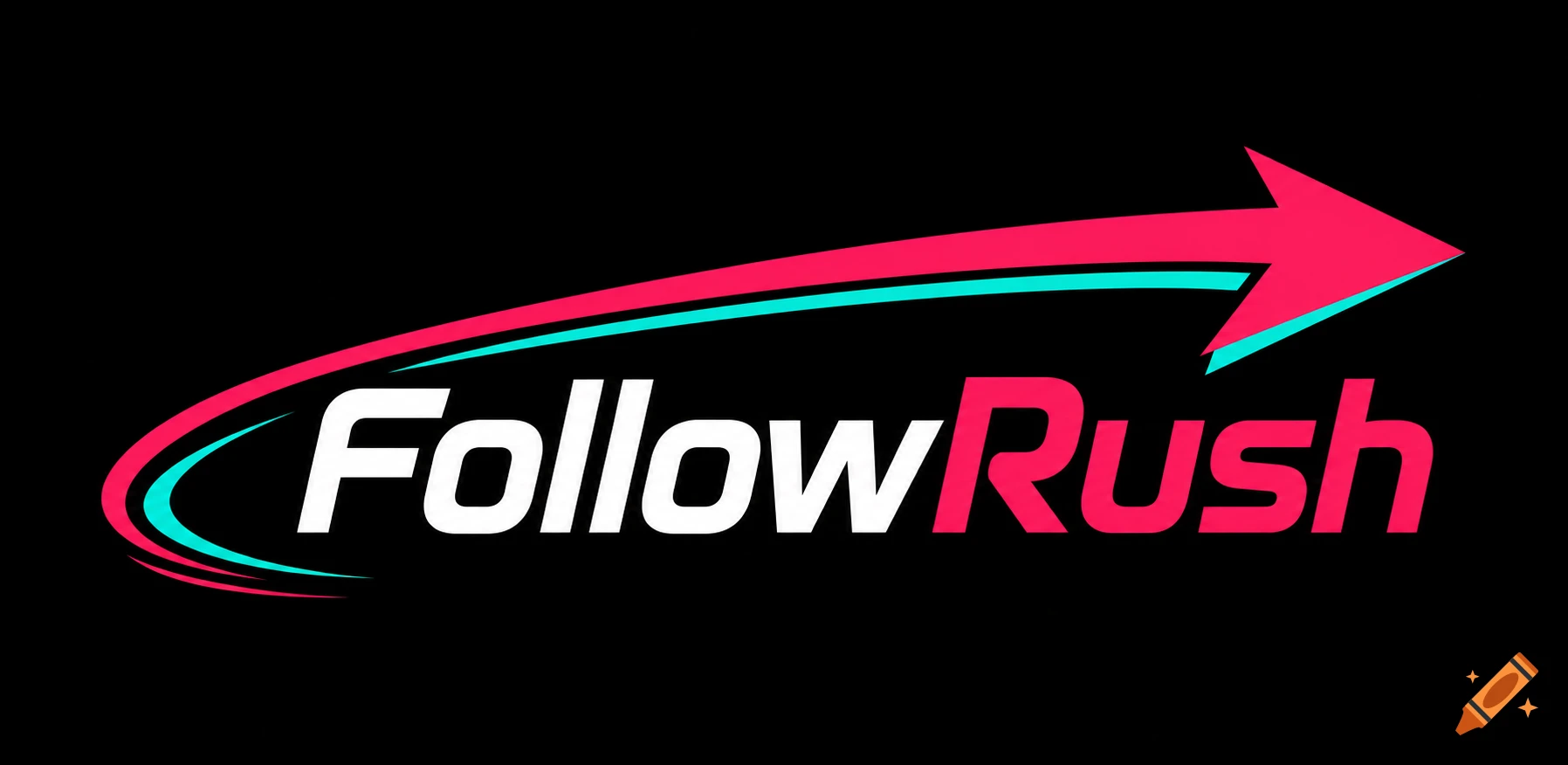 FollowRush logo in white and pink, with a pink and cyan arrow curving from left to right, on a black background.