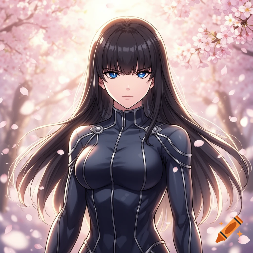 An anime woman with long black hair and intense blue eyes wears a dark, form-fitting suit with silver accents, surrounded by pink cherry blossoms.