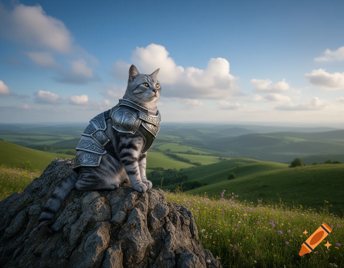A grey tabby cat wearing ornate silver armor sits on a large rock, gazing over a vast green, hilly landscape under a bright blue sky with clouds.
