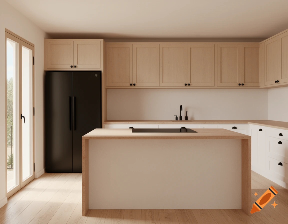 A modern kitchen with light wood cabinets, a black refrigerator, a kitchen island with a cooktop, and a terrace door.