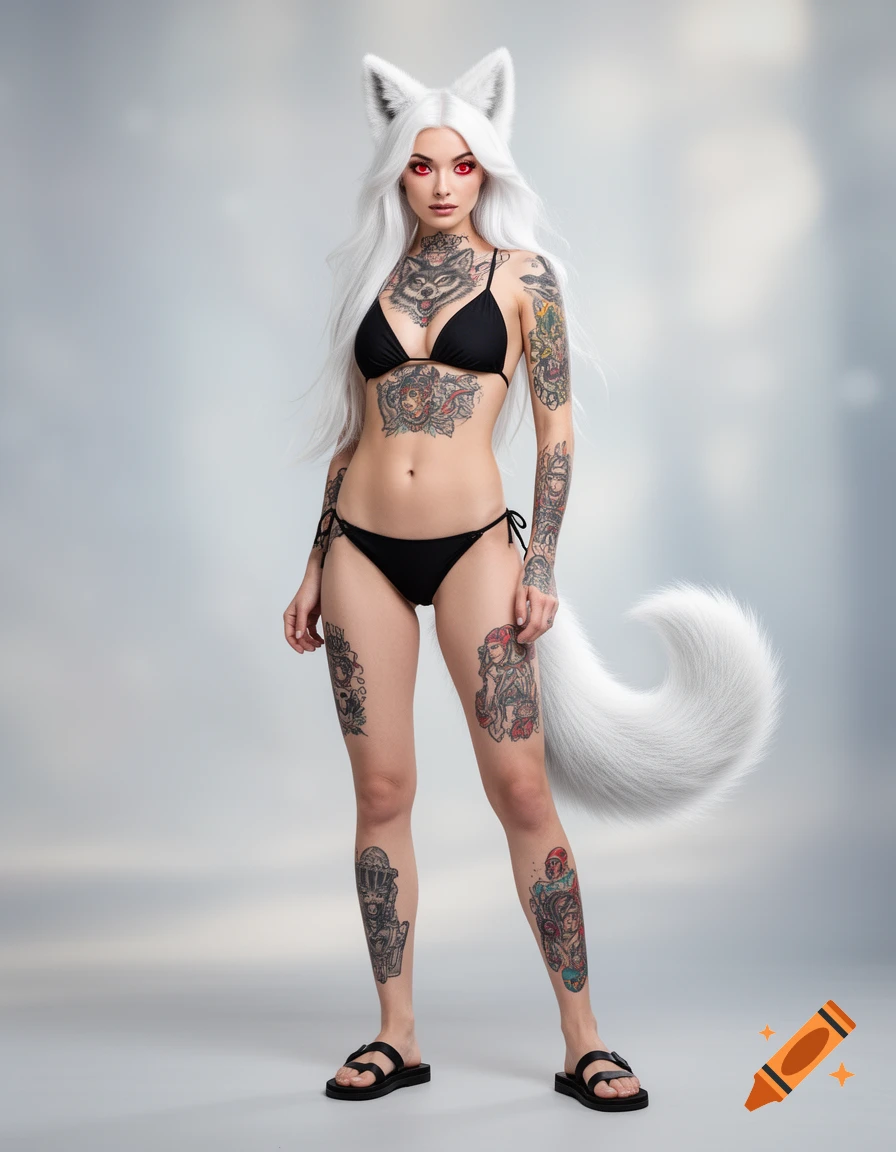 Photorealistic woman with white wolf ears and tail, long white hair, crimson eyes, and tattoos, wearing a black bikini and sandals.