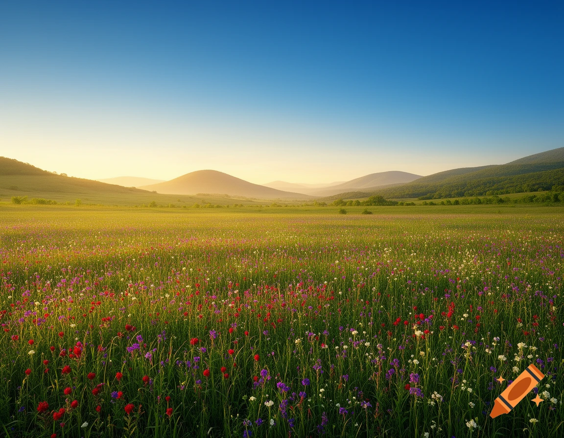 A vast photorealistic field of vibrant wildflowers under a clear blue sky, with rolling green hills in the distance bathed in warm sunlight.
