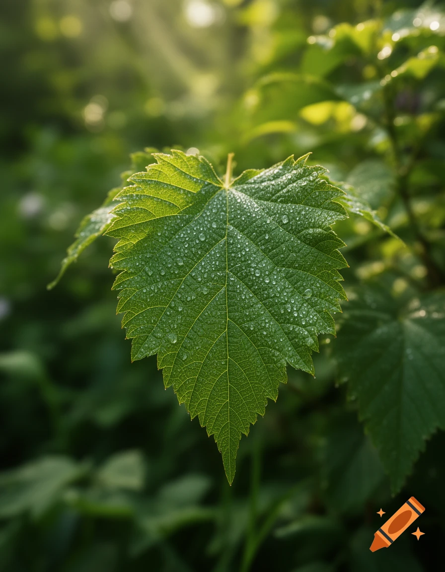A vibrant green leaf covered in dew drops, illuminated by soft sunlight in a lush, blurred natural background.