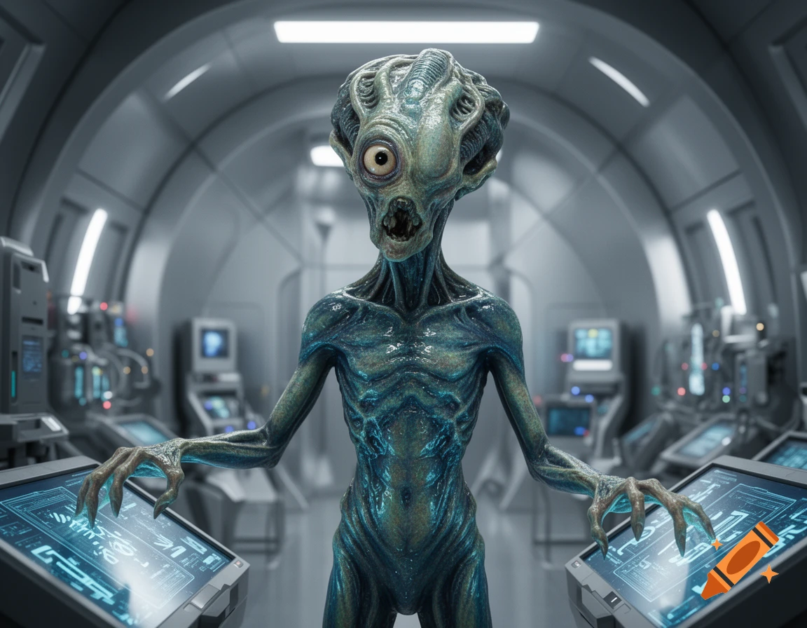 A grotesque, blue-skinned alien with a large head and one eye stands in a futuristic control room, its long fingers resting on glowing touchscreens.