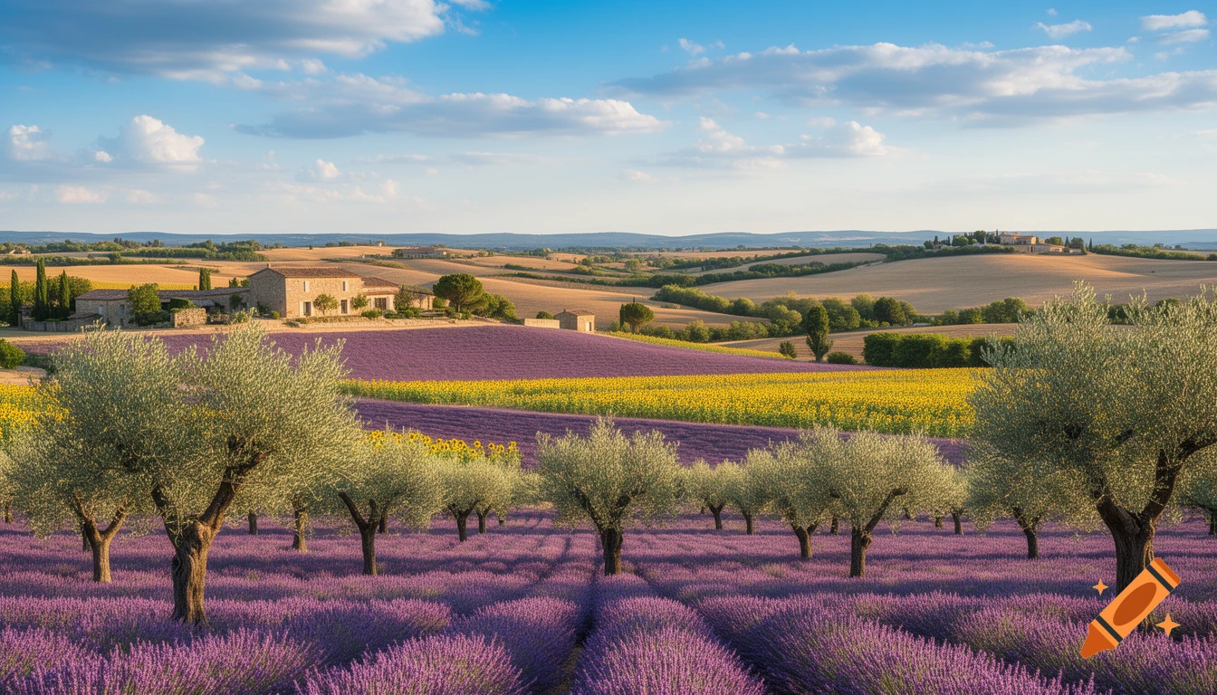 A vibrant landscape of purple lavender and yellow sunflower fields, dotted with olive trees and traditional stone farmhouses, under a blue sky.