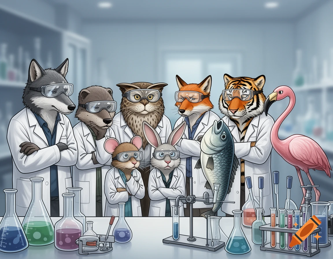 Cartoon illustration of nine anthropomorphic animals, including a wolf, tiger, and flamingo, wearing lab coats and goggles in a science laboratory.