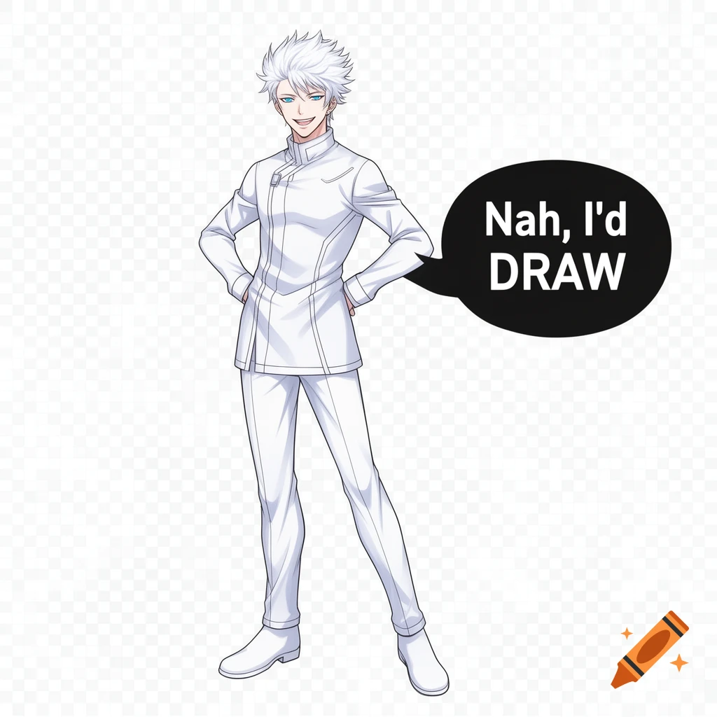 Anime character with white spiky hair and blue eyes, wearing a white uniform, hands on hips, with a speech bubble saying 'Nah, I'd DRAW'.