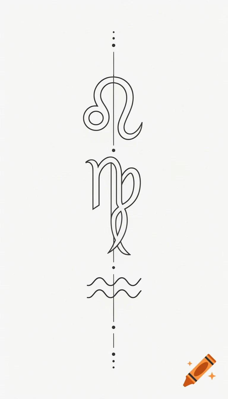 A minimalist black line art tattoo design featuring astrological symbols for Leo, Virgo, and Aquarius vertically aligned on a white background, with decorative dots and lines.