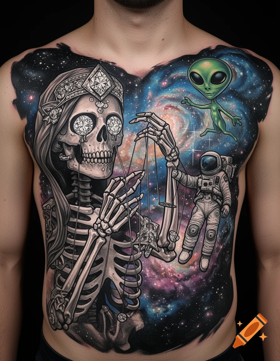 Detailed chest tattoo featuring a skeleton with diamond eyes, an astronaut, an alien, and a vibrant galaxy background.