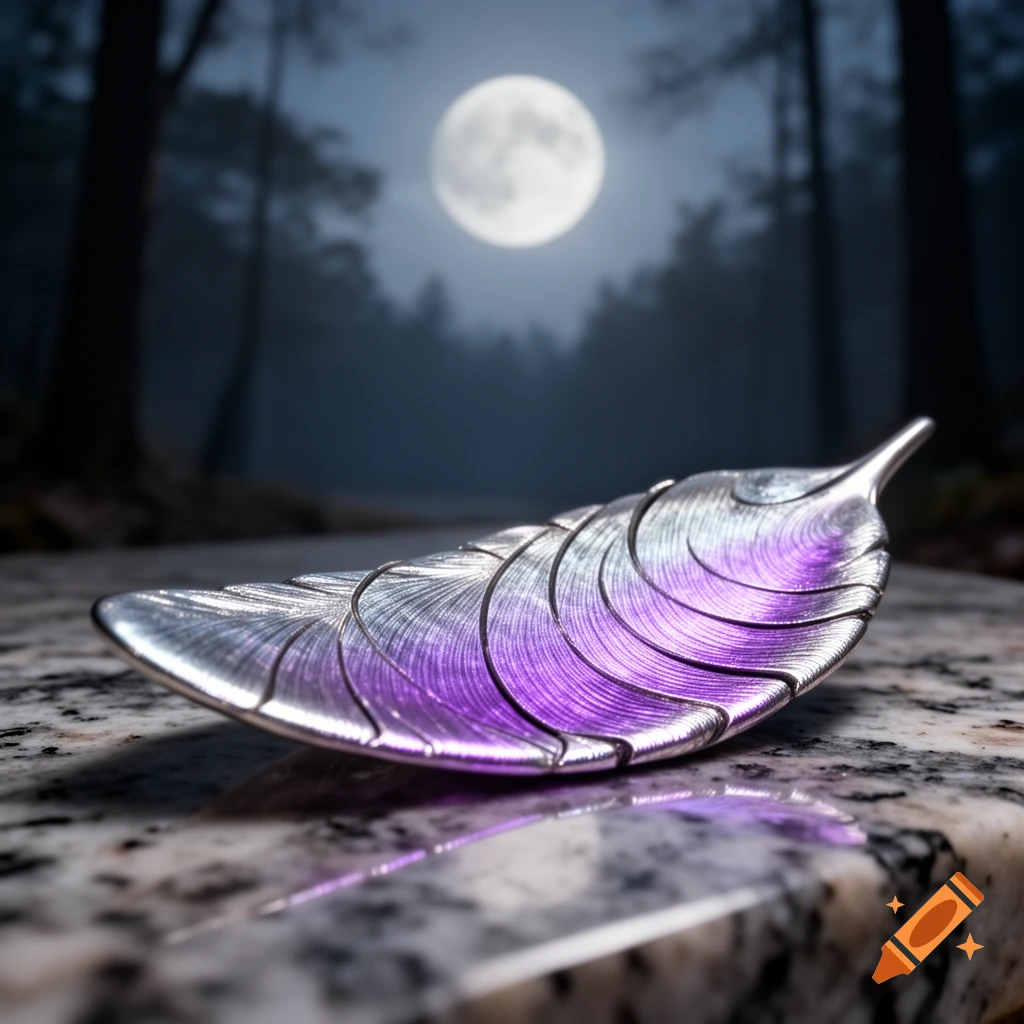 A silver feather-like object with a violet shimmer rests on marble, a full moon illuminates a misty forest in the background.