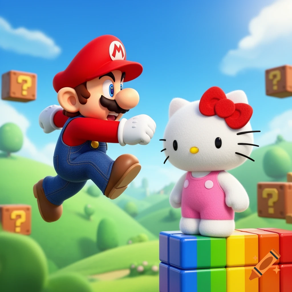 Mario jumps toward Hello Kitty standing on colorful blocks in a vibrant, sunny cartoon landscape with question mark blocks.
