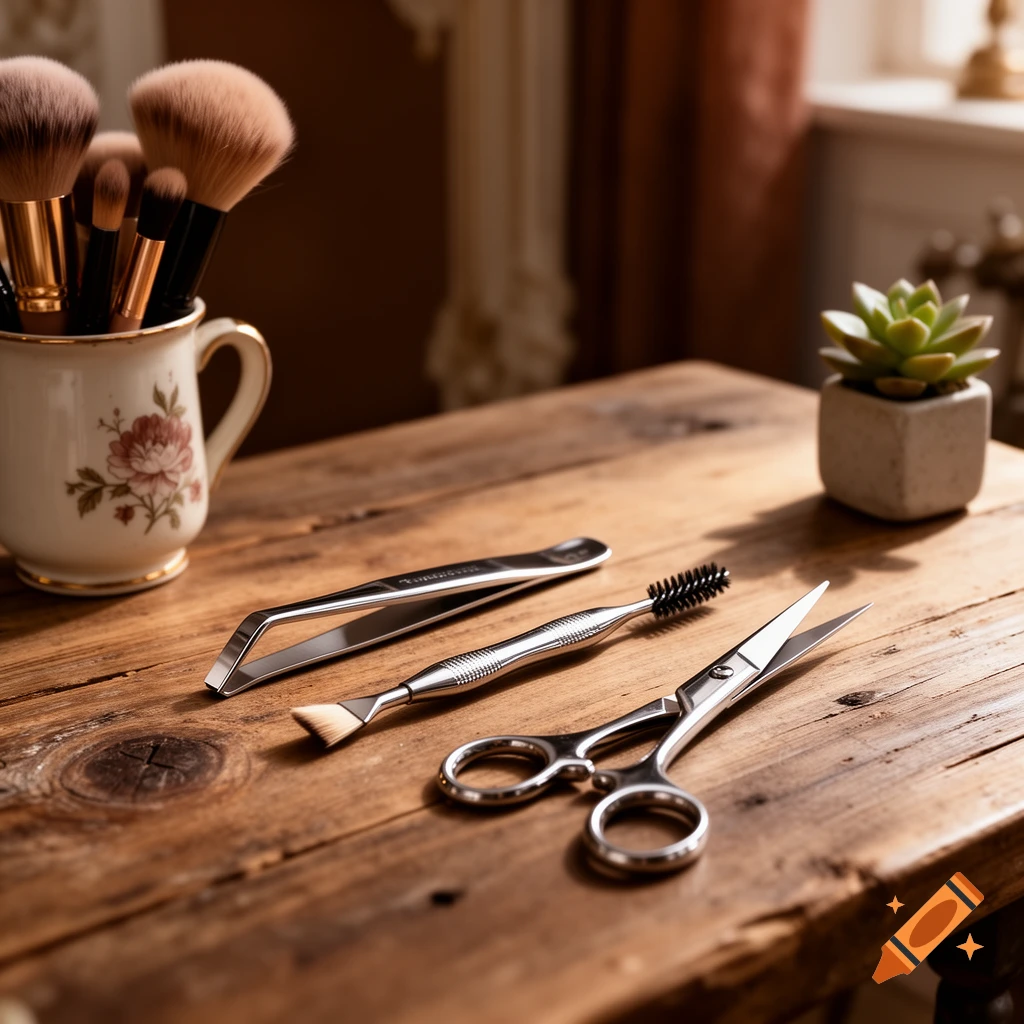 Makeup brushes in a floral mug, tweezers, a spoolie, and small scissors arranged on a rustic wooden table next to a succulent plant.