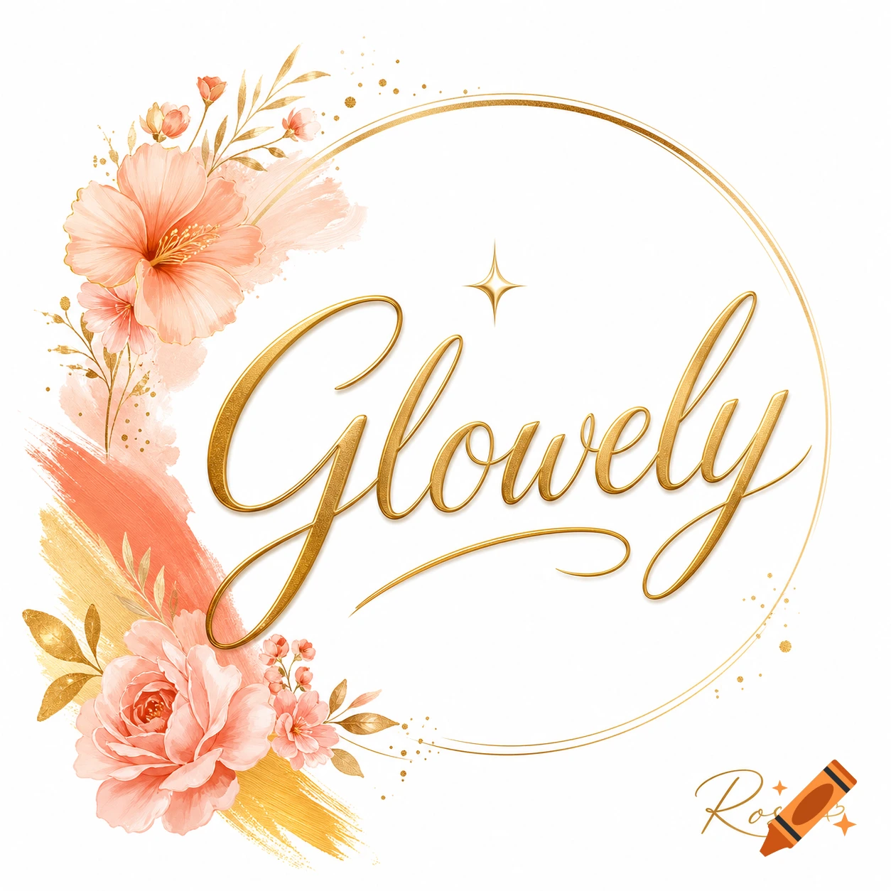 Elegant golden script 'Glowely' logo in a circular frame, adorned with watercolor pink and peach flowers, gold leaves, and brush strokes. A small 'Rose' signature is at the bottom right.