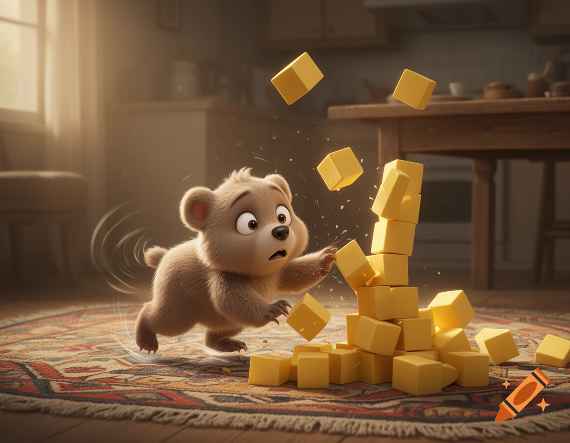 A cute, animated bear cub trips over a rug, sending a stack of yellow blocks crashing in a kitchen.