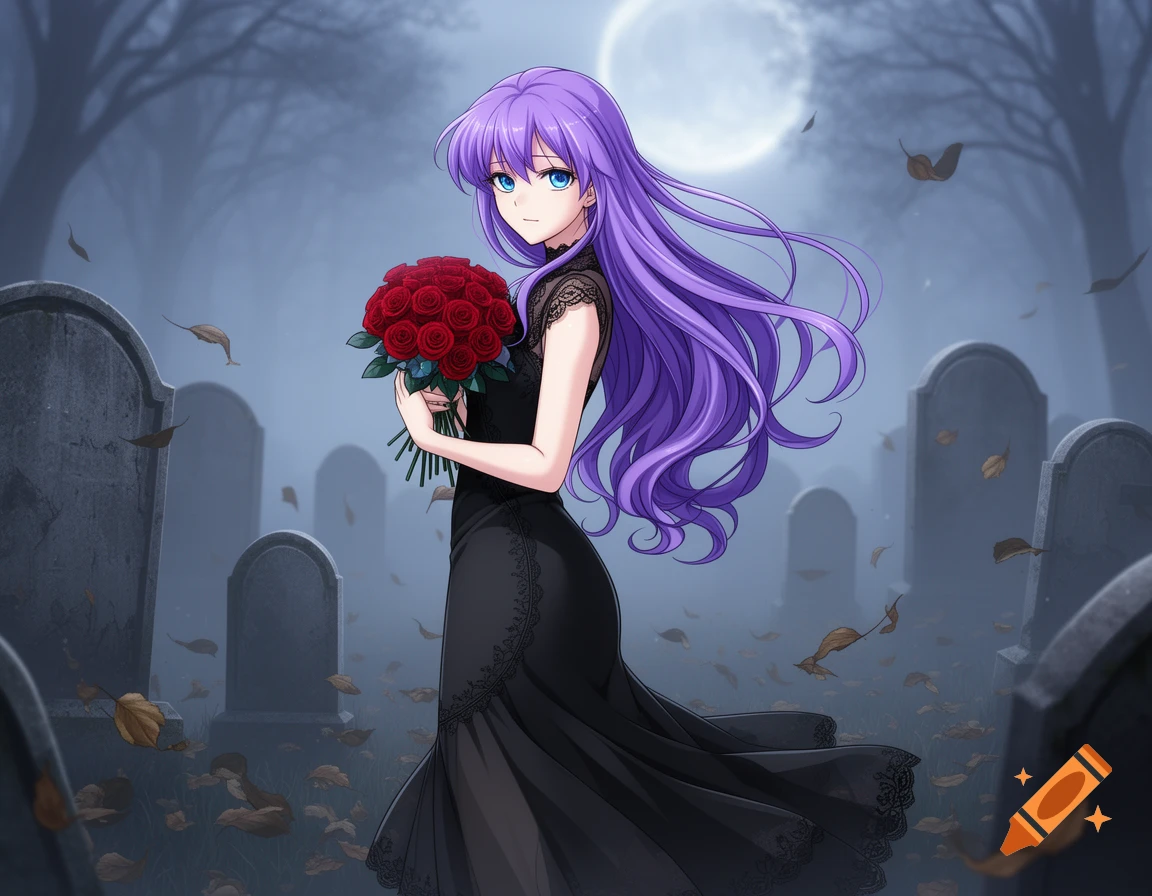 An anime girl with purple hair, blue eyes, and a black dress holds red roses in a foggy graveyard under a full moon.