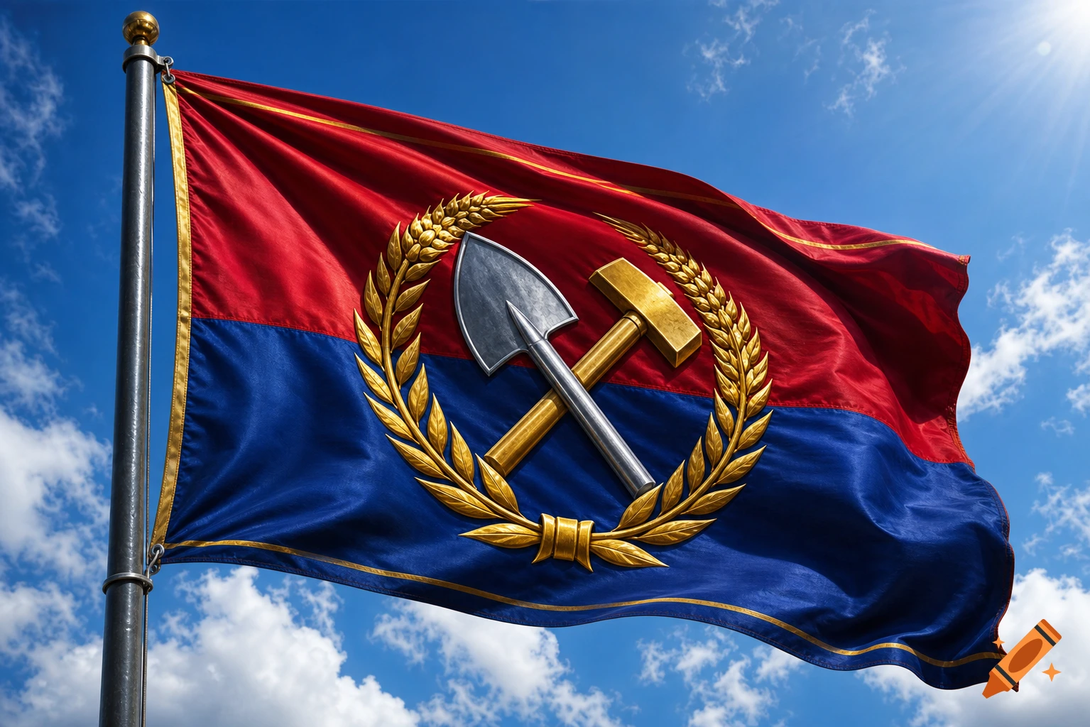 A red and blue flag with a gold wreath, crossed silver spade, and gold hammer emblem, waving under a sunny blue sky.