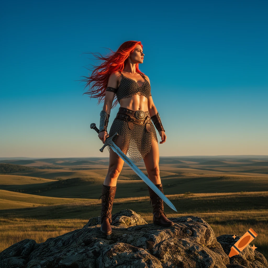 A red-haired female warrior in chainmail armor stands on a rocky hill with a sword, gazing over a vast landscape under a clear blue sky.