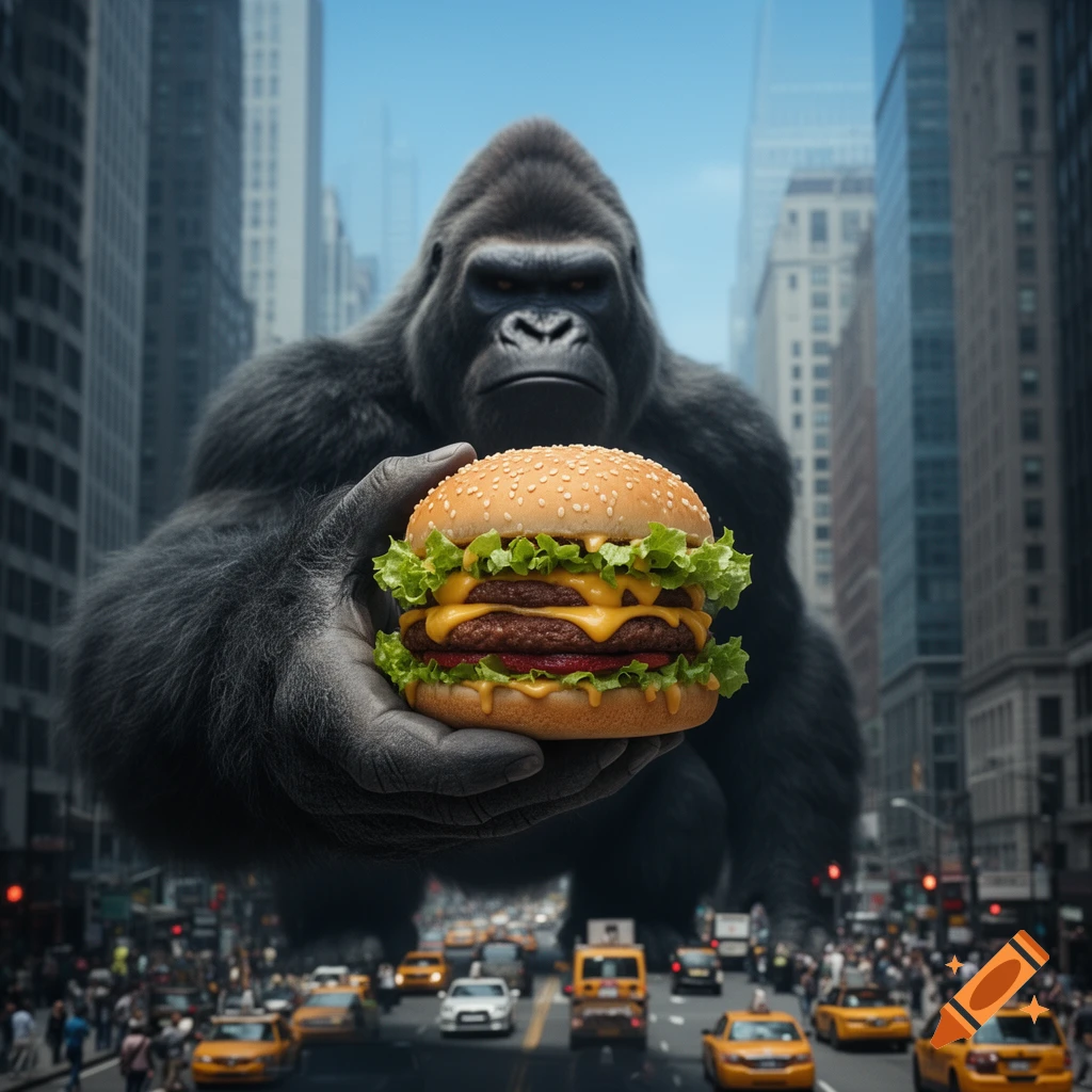 A gigantic gorilla stands in a bustling city street, holding a large double cheeseburger in its hand.
