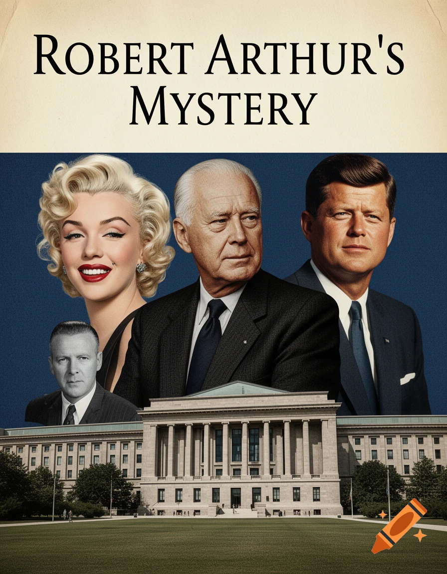 Photorealistic poster for 'Robert Arthur's Mystery' featuring Marilyn Monroe, John F. Kennedy, John Foster Dulles, and another man above a grand government building.
