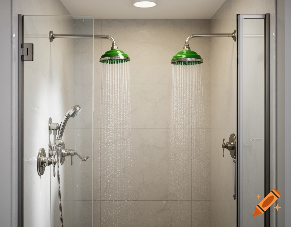 A modern shower stall featuring two vibrant green rain shower heads and a handheld sprayer, all spraying water onto tiled walls.