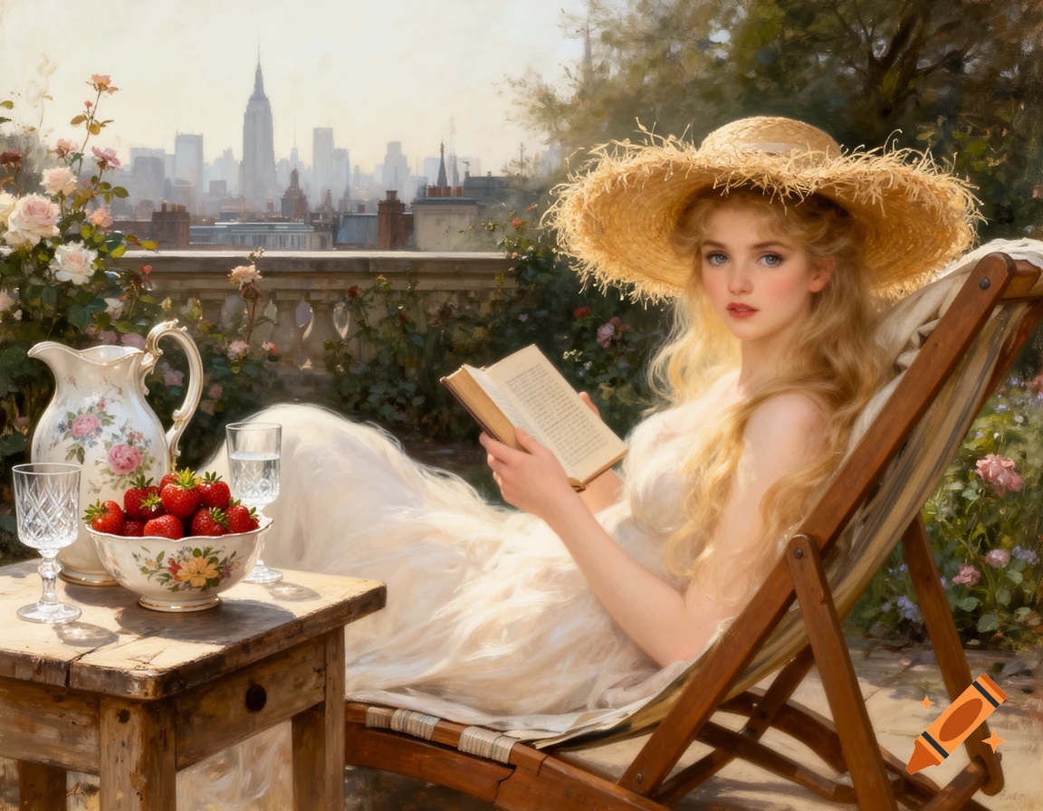 A young woman with long blonde hair and a straw hat reads a book on a deck chair in a rooftop garden overlooking a city skyline, in the style of an oil painting.