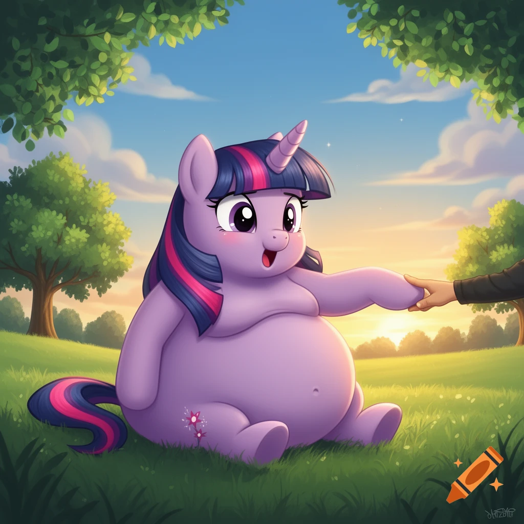 Fat Twilight Sparkle, a purple unicorn, sits in a grassy field at sunset, holding hands with a human in a cartoon style.