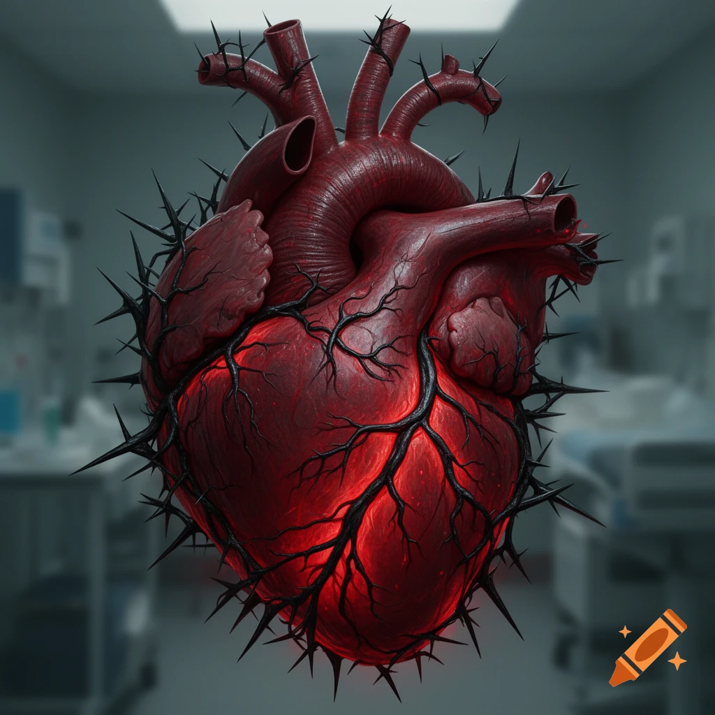 A stylized red anatomical heart covered in black thorns, glowing with red light, against a blurred medical background.