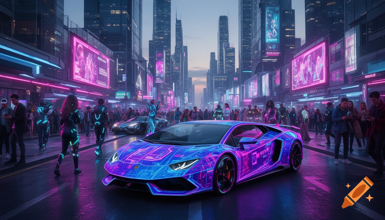 A glowing purple and blue Lamborghini sits on a wet street in a neon-lit cyberpunk city at dusk, surrounded by crowds of people.