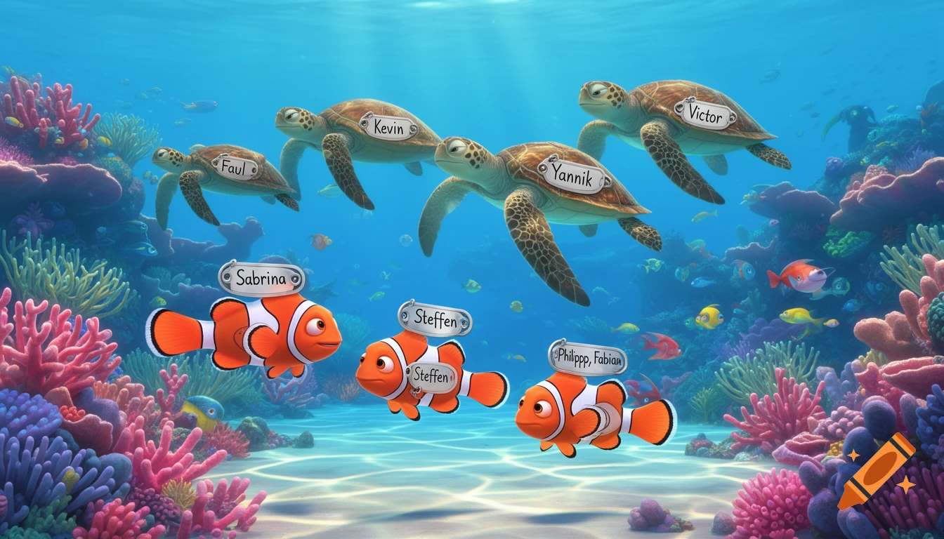Cartoon-style underwater scene with coral, three clownfish, and four sea turtles, each with a name tag. The scene resembles the Finding Nemo film.