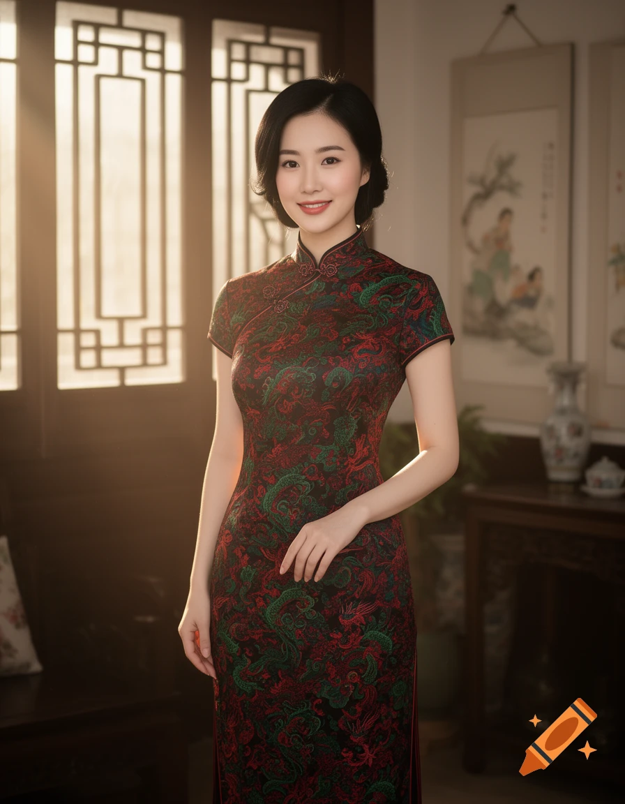 A smiling Chinese woman in a red, green, and black qipao stands in a warm, traditionally decorated room, captured in a photorealistic style.