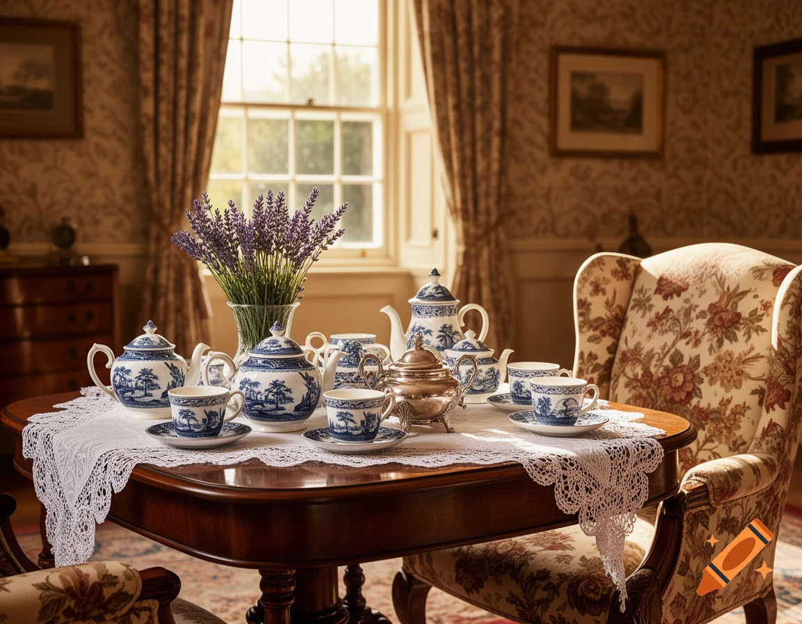 A blue and white porcelain tea set with lavender flowers on a lace-covered table in a sunlit, traditional room with patterned wallpaper.