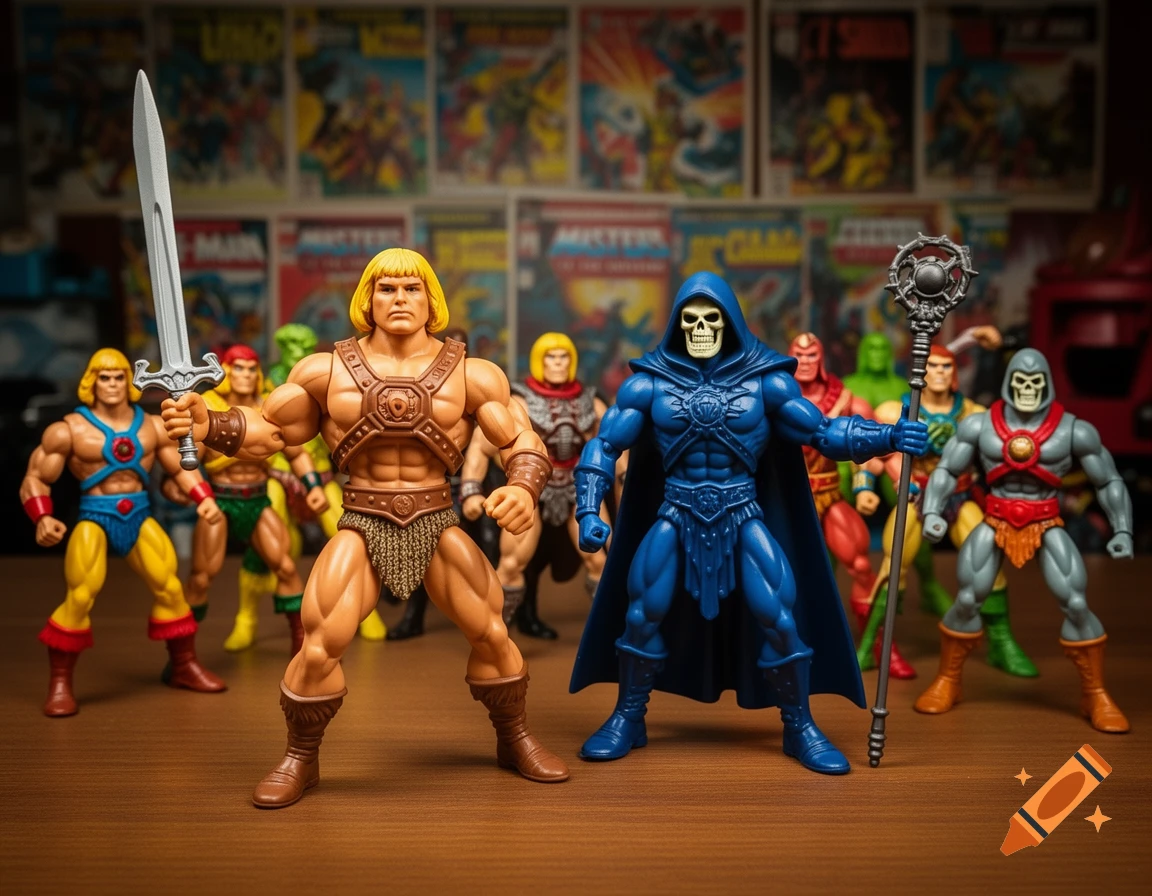 He-Man and Skeletor action figures stand in the foreground with other Masters of the Universe toys and comic books in the background.