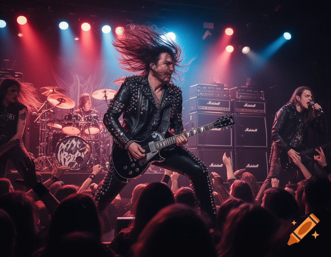 A heavy metal band performs on stage under dramatic red and blue lights. A long-haired guitarist jumps, his hair flying, as a crowd watches.