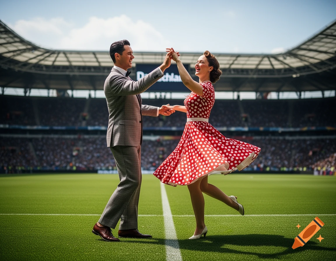 A retro rock and roll couple dances on a green football field in a large stadium on a sunny day.