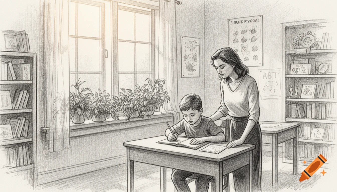 A pencil sketch of a mother teaching her son at a desk in a bright homeschool classroom with bookshelves and plants on the windowsill.