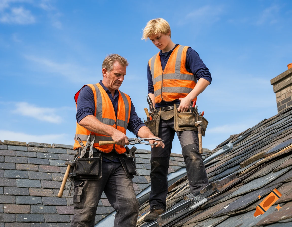 Two male roofers in orange vests and tool belts work on a dark tiled roof under a blue sky.