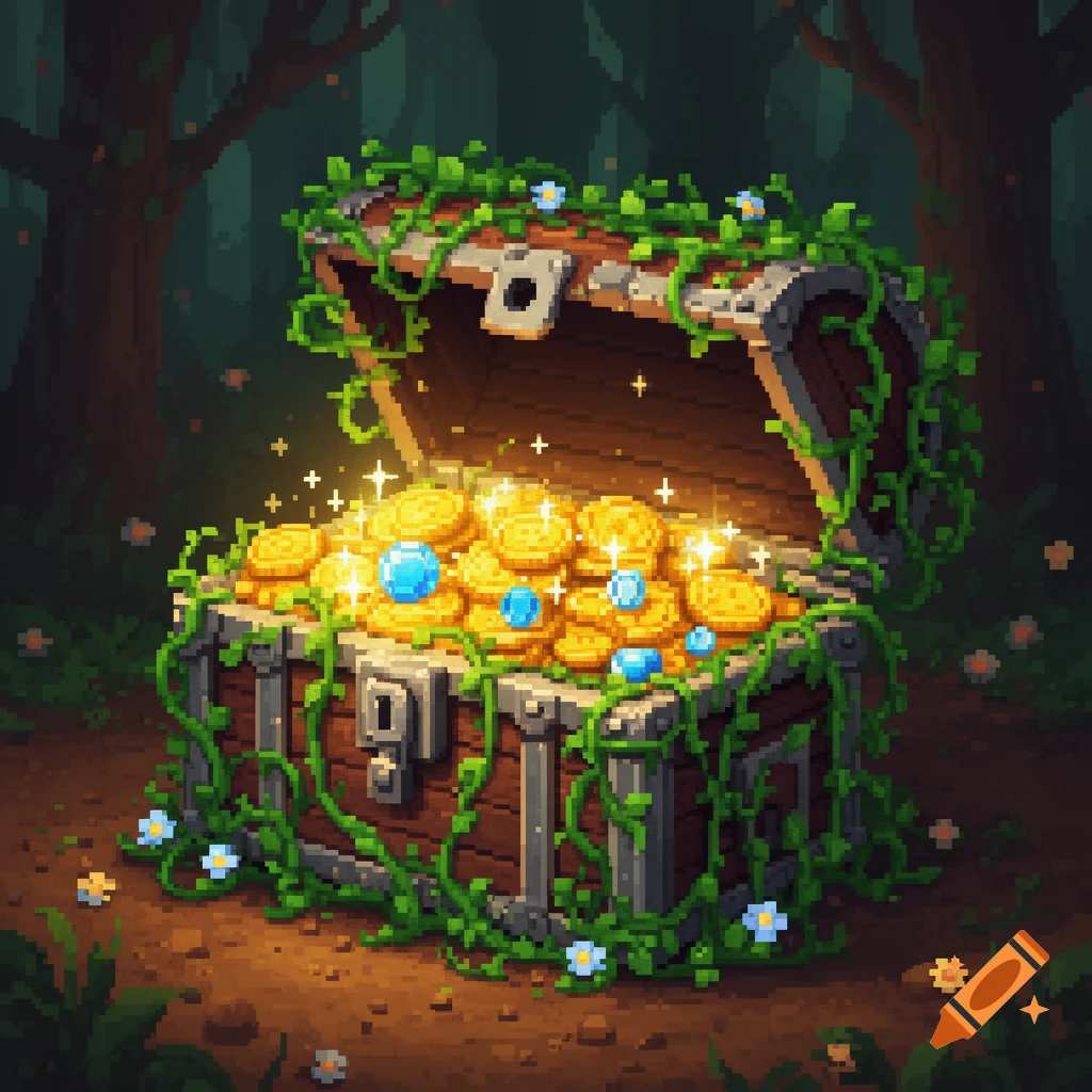 An open pixel art treasure chest overgrown with green vines, overflowing with sparkling gold coins and blue gems in a dark forest.