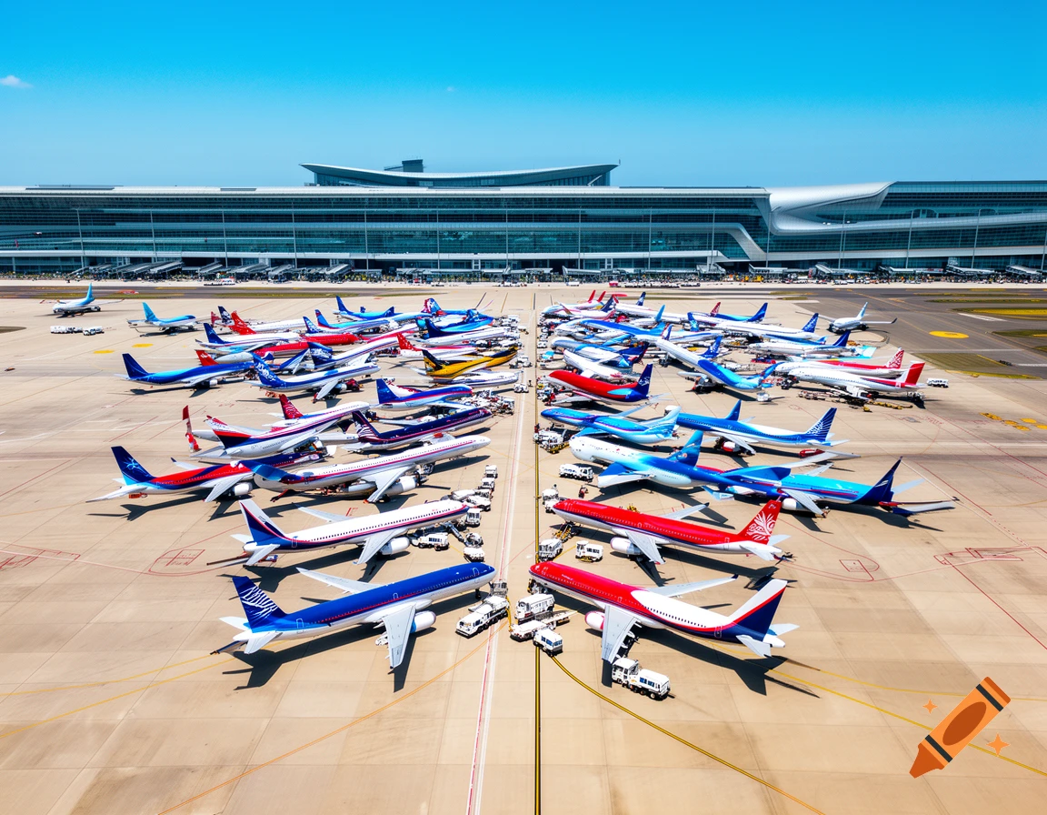 Aerial view of numerous modern commercial airplanes in various colors parked on an airport tarmac in front of a large, sleek terminal building under a clear blue sky.