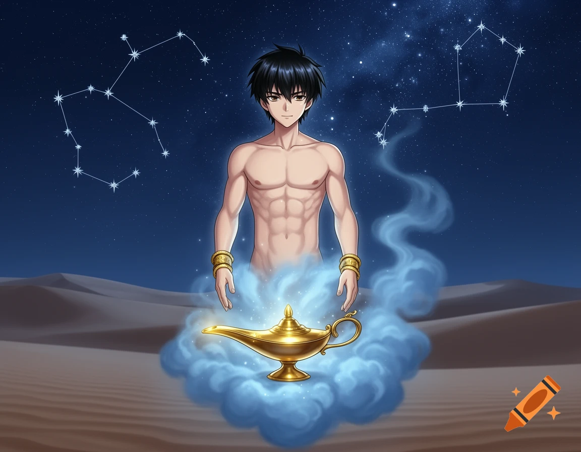 An anime genie with black hair, light muscles, and gold bracelets emerges from a golden lamp in a desert under a starry sky.