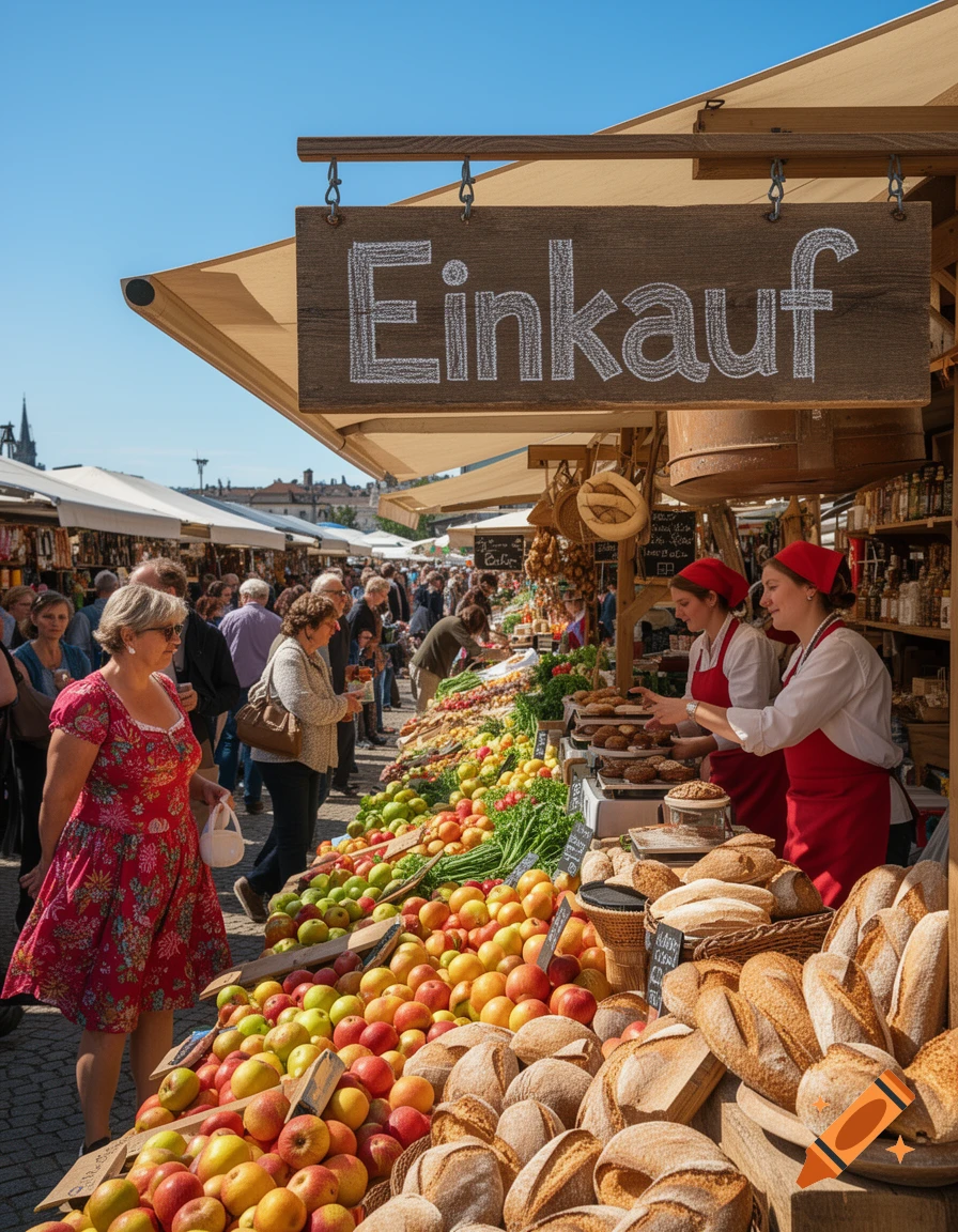 A bustling outdoor market under a clear blue sky, with stalls selling fresh apples, bread, and other produce, and people browsing.
