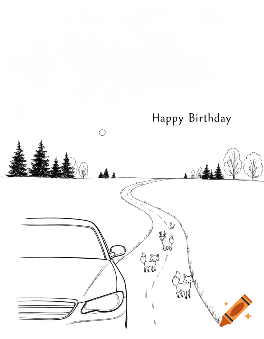 A minimalist black and white line art drawing for a birthday card, showing a car on a winding road with foxes, a deer, and trees, and 'Happy Birthday' text.